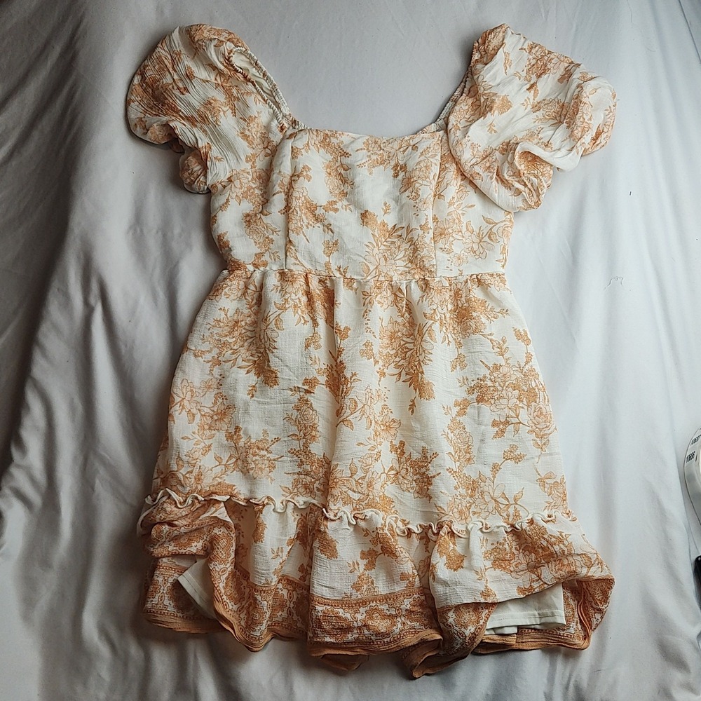 Blu Peppr Floral Mini Dress Puff Sleeve Ruffle Hem Women's Size Large
